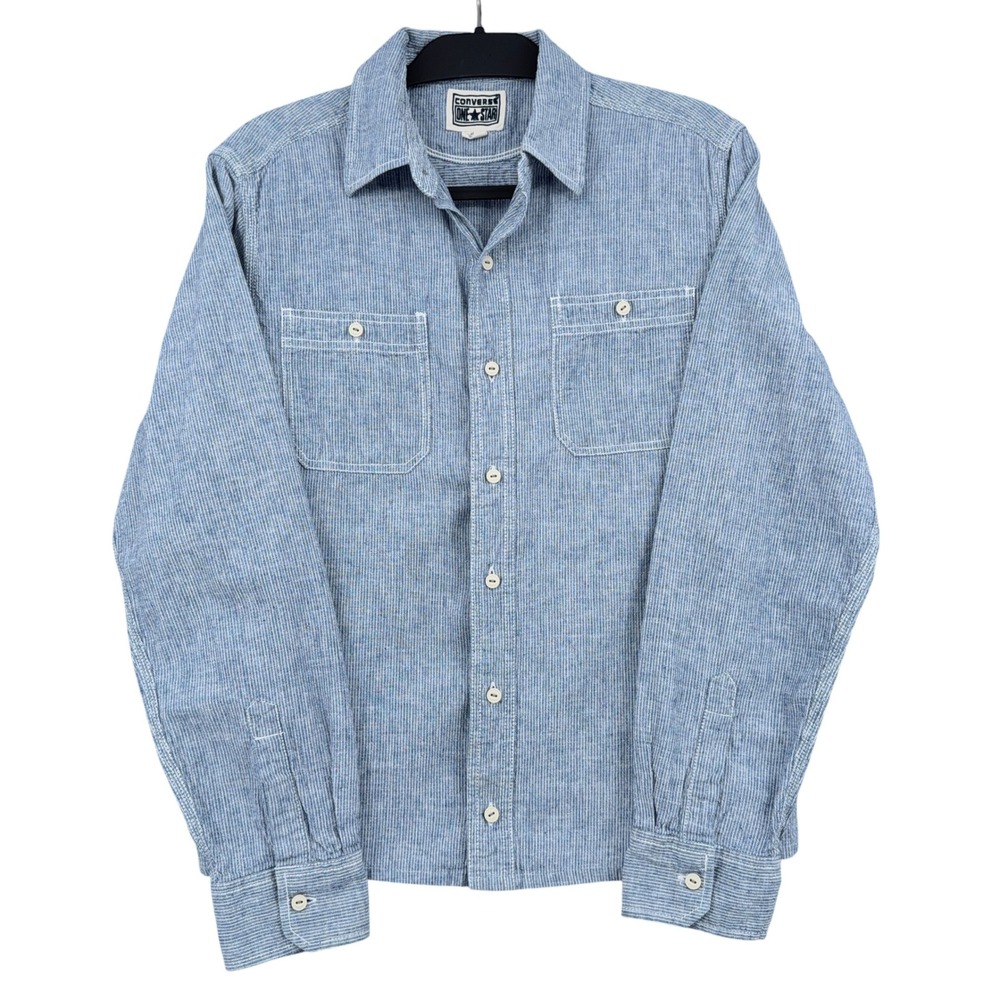 Converse One Star Button‎ Down Shirt Womens M Linen Cotton Blue Striped